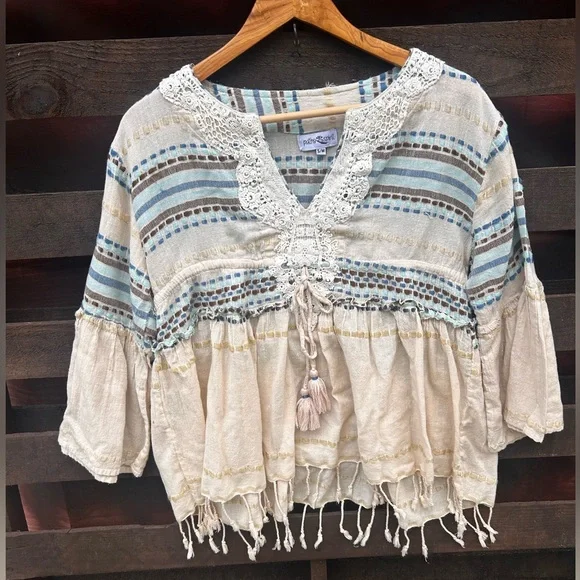 VTG Boho Cream Embroidered Stripes peasant Tassel Tie fringe blouse festival - Picture 2 of 6